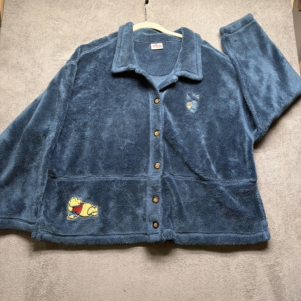 Disney Store Winnie the Pooh Fleece Jacket Blue Button Front Embroidered Womens